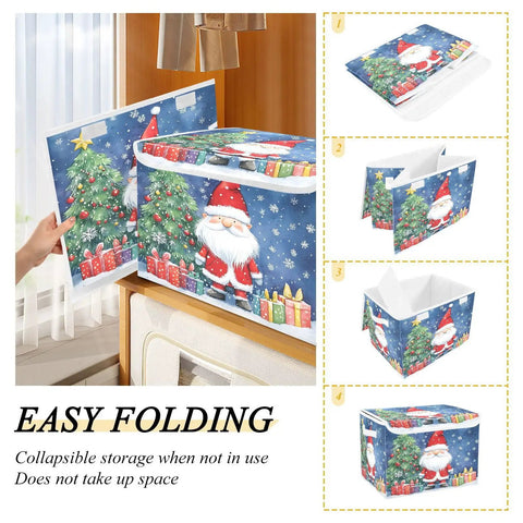 Heavy Duty Collapsible Linen Storage Cubes With Flip Top Lid And Sturdy Rope Handles Super Roomy Closet Organizers with festive Santa design.