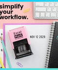 Heavy Duty Date Stamp For Shipping And Expiration Tracking Built Like A Rock With Black Ink And Customizable Mount Colors on a desk