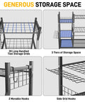 Heavy Duty Garden Tool Organizer With Lockable Wheels, Yard Tool Storage Rack featuring 28 long handled tool grids and side hooks.
