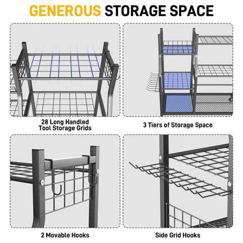 Heavy Duty Garden Tool Organizer With Lockable Wheels, Yard Tool Storage Rack featuring 28 long handled tool grids and side hooks.