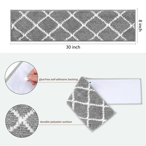 15 Piece Non Slip Stair Treads For Wooden Steps Indoor Carpet Runner Rugs Mat 8x30 Inches Gray Diamond Pattern Soft Grip Easy Install Durable Polyester with adhesive backing and polyester surface on display