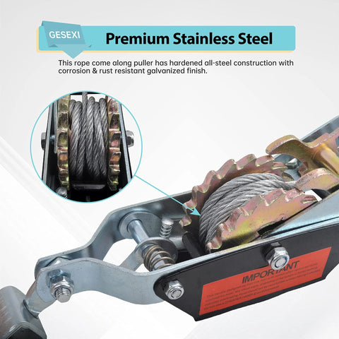 Close-up of 4 Ton Dual Gear Come Along Power Puller With Two Hooks And Steel Cable highlighting the galvanized construction.