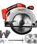 Badass Seven Inch Brushless Cordless Circular Saw Runs Smooth As Glass At Eight Thousand Rpm with accessories including gloves and safety glasses.