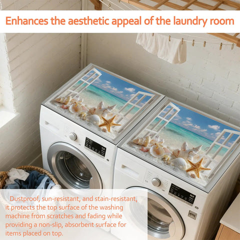 Washer and Dryer Top Protector Mat with Anti Slip, Absorbent Dust Cover Pad for appliances featuring beach design, Easy Fit