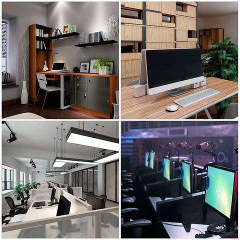 Modern workspaces with desk setups, showcasing stylish desk grommets for cable management in offices and gaming stations.