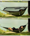 Bug Free Camping Hammock With Mosquito Net, set up between trees by a lake, showing ultralight design and breathable mesh.