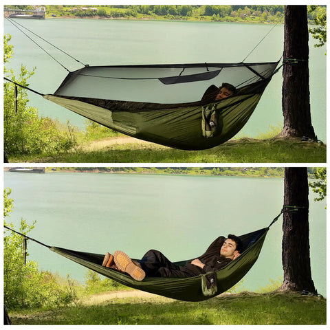 Bug Free Camping Hammock With Mosquito Net, set up between trees by a lake, showing ultralight design and breathable mesh.