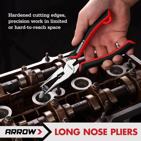 Four Piece Pliers Set With 8 Inch Diagonal Nose Pliers, carbon steel long nose pliers in use on engine components