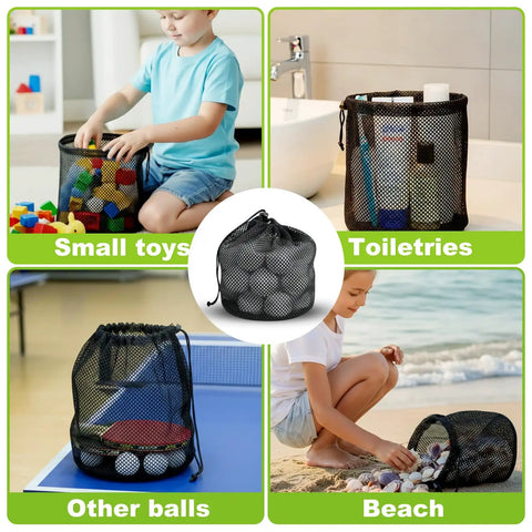 Six Pack Golf Ball Mesh Bags With Drawstrings For Easy Storage And Travel, shown holding toys, toiletries, balls, beach items