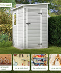 5x4 Ft Outdoor Resin Storage Shed With Floor And Lockable Window Door, Ideal Backyard Garden Tool And Bike Storage For Patio Furniture, Weatherproof Light Gray in garden setting.