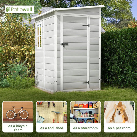 5x4 Ft Outdoor Resin Storage Shed With Floor And Lockable Window Door, Ideal Backyard Garden Tool And Bike Storage For Patio Furniture, Weatherproof Light Gray in garden setting.