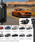 Portable Level 1 And 2 EV Charger With 16A 3.8 KW J1772 Plug shown charging an orange sports car on a road