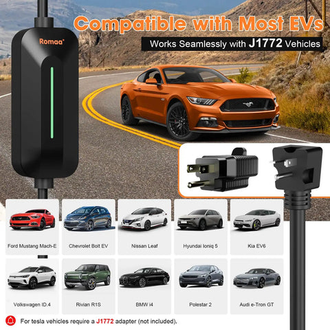 Portable Level 1 And 2 EV Charger With 16A 3.8 KW J1772 Plug shown charging an orange sports car on a road