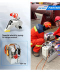 Built Tough Hydraulic Torque Wrench Kit With Square Drive Adapter And Fully Rotating Hose for Secure Bolt Tightening Up To Seventy MPa Pressure, featuring special electric pump and mechanics at work.
