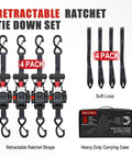 Four Pack Heavy Duty Retractable Ratchet Straps 1 Inch By 12 Feet With 1500 Pound Break Strength Auto Self Retracting Tie Downs S Hook With Safety Clips For Trucks Cargo ATV And Motorcycle displayed with carrying case and soft loops.