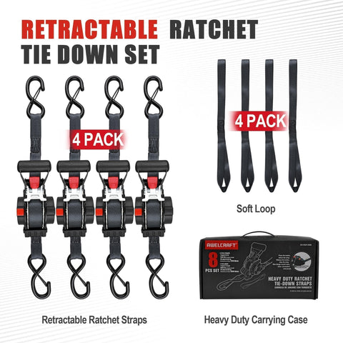 Four Pack Heavy Duty Retractable Ratchet Straps 1 Inch By 12 Feet With 1500 Pound Break Strength Auto Self Retracting Tie Downs S Hook With Safety Clips For Trucks Cargo ATV And Motorcycle displayed with carrying case and soft loops.