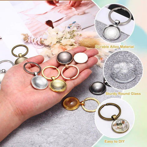 25 Millimeter Glass Cabochon Keychain Making Kit With 20 Pcs Pendant Setting Trays Blank Bases For Key Ring Crafting Photo Resin Jewelry Supplies Red Copper Finish Cool DIY Gift For Personalizing Bags And Accessories showing various colored trays and glass cabochons on a table and in hand