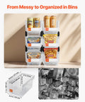 Clear Stackable Storage Bins 6 Pack, 14.8 By 8.5 By 7.1 Inches, Durable Plastic Containers shown with snacks and cans, organized layout