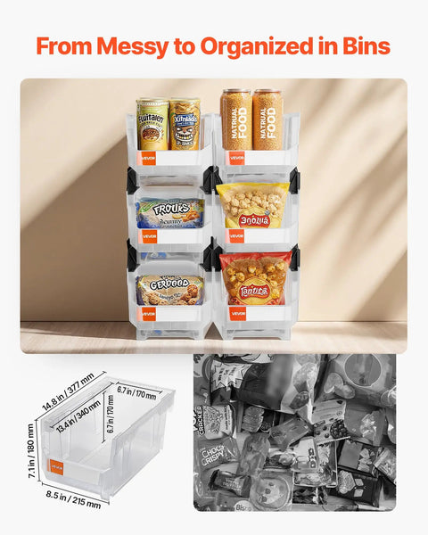 Clear Stackable Storage Bins 6 Pack, 14.8 By 8.5 By 7.1 Inches, Durable Plastic Containers shown with snacks and cans, organized layout