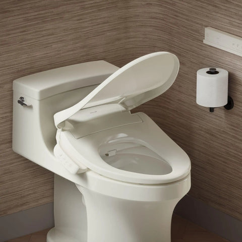 Heated Bidet Toilet Seat With Wireless Remote, Steady Warm Water Spray, Biscuit Color, Smooth Quiet Close Lid, Self Cleansing Wand, Top Shelf Adjustable Water Pressure And Cool LED Night Light, No Sweat DIY Bathroom Install with lid up.