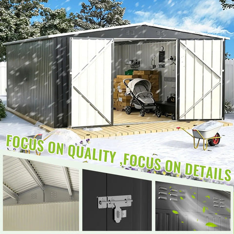 Heavy Duty 10 By 14 Ft Outdoor Metal Storage Shed With Waterproof Construction Lockable Double Hinged Door Reinforced Frame