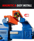 6 Inch TPU Soft Jaw Pads For Bench Vise With Magnetic Grip, multi groove textured inserts, orange pair on vise.
