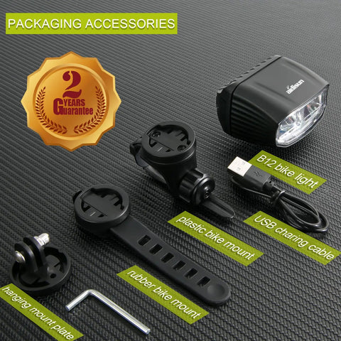 Beast Mode 1000 Lumen Front Bike Light With Dual Beam High Low For Night Riding, Rechargeable, shown with mounts and charger