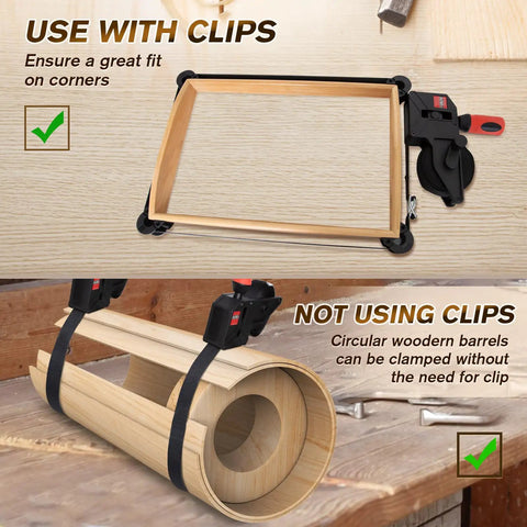 23 Ft Variable Angle Band Clamp For Woodworking, Picture Frames, Barrels And Odd Shaped Pieces in use with and without clips
