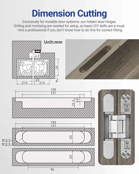 Schematic and close-up view of Hidden Door Hinges Set 6 By 2.5 By 1 Inch Concealed Zinc Alloy Hinges installed on a door