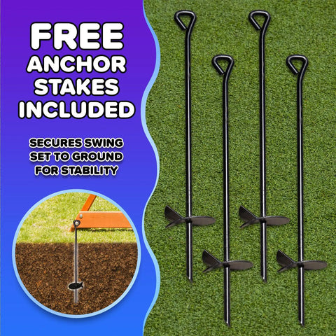 Augusta Cedar Wooden Swing Set With Heavy Duty A Frame 6ft Double Wall Slide 2 Height Adjustable Swings Rock Climber Sandbox And Playfort With Canopy Bonus Anchor Kit Included showing anchor stakes for stability