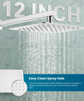 12 Inch Rainfall Shower Head showing water flow, wall mounted with chrome finish, part of Shower System with Solid Brass Valve, Modern Bathrooms