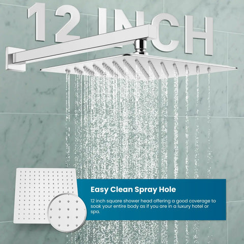 12 Inch Rainfall Shower Head showing water flow, wall mounted with chrome finish, part of Shower System with Solid Brass Valve, Modern Bathrooms