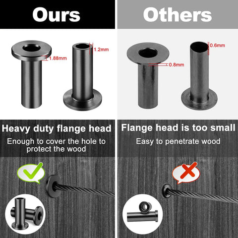 Comparison of 120 Pack T316 Black Stainless Steel Rugged Protector Sleeves For One Eighth Inch Cable Deck Railing Kit System On Wood Posts