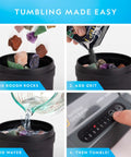 Hobby Rock Tumbler Kit For Kids And Adult Beginners Turn Rough Stones Into Smooth Gemstones With An Easy To Use Durable Polisher For At Home Fun Educational Science Activity And Creative Craft Projects. showing rock tumbling steps, adding rocks, grit, water, and setting timer