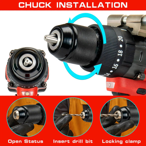 Cordless Drill Tool Only With One Half Inch Metal Self Lock Chuck, 150 Nm Max Torque, shows chuck installation process.