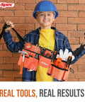Child wearing tool belt from Orange 16 Piece Real Tools Kids Tool Kit Set With Child Size Tool Belt For DIY Building Woodworking And Construction Projects Learn By Doing With Safe Metal Hammer And Screwdrivers, showing tools.