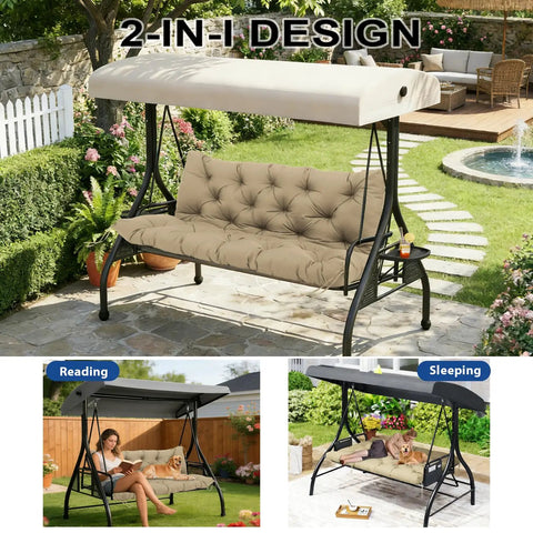 Replacement Cushions For Outdoor Furniture 60x40 Inch Waterproof Porch Bench Cushions For 2 To 3 Seaters With Ties And Backrest 5 Inch Thick Patio Swing Chair Cushion For Garden Backyard Easy To Clean And Breathable Khaki displayed on a garden swing bench.