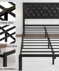 Close-up of Modern Queen Bed Frame With Upholstered Diamond Tufted Headboard And Rock Solid Metal Slats showing support structure and assembly details.