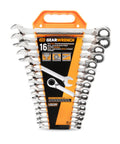 16 Piece Reversible Ratcheting Combination Wrench Set Metric With Flush Mounted Reversing Lever in orange storage tray