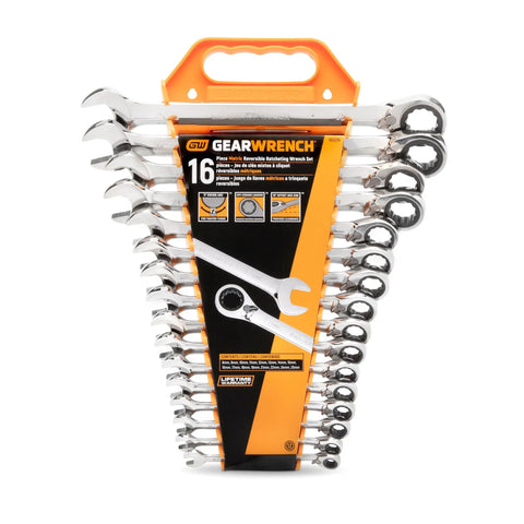 16 Piece Reversible Ratcheting Combination Wrench Set Metric With Flush Mounted Reversing Lever in orange storage tray