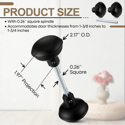 Vintage Style Door Knob Set With Spindle Six Pack, Matte Black Electroplate Finish, knob and spindle dimensions illustration