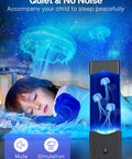 Sleeping child beside Jellyfish Lamp Mood Light For Home Office Decor Desk Aquarium Night Light Realistic Artificial Jellyfish Floating Lamp For A Chill Vibe And Relaxing Ambience Perfect Gift For Adults And Kids Bedroom Living Room Nightstand Decor.