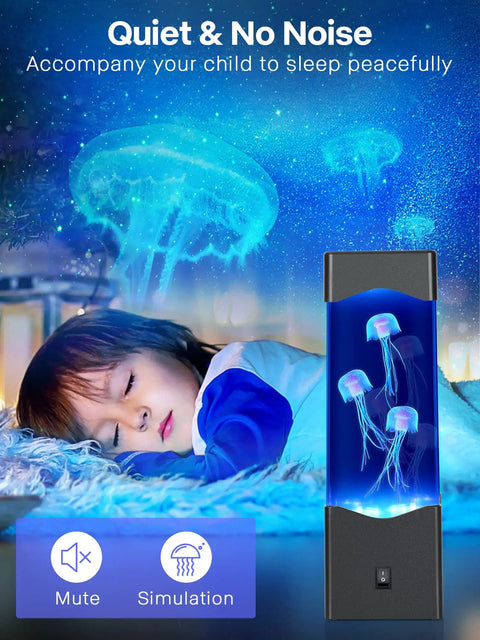 Sleeping child beside Jellyfish Lamp Mood Light For Home Office Decor Desk Aquarium Night Light Realistic Artificial Jellyfish Floating Lamp For A Chill Vibe And Relaxing Ambience Perfect Gift For Adults And Kids Bedroom Living Room Nightstand Decor.