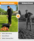 Zero Sweat Cleanup With This Gutsy 52cc Two Stroke Gas Powered Walk Behind Lawn Sweeper Boasting Tough Nylon Blades And Rugged Guard For Fast Park And Farm Yards. Handheld sweeper vs ordinary broom comparison with leaf piles.