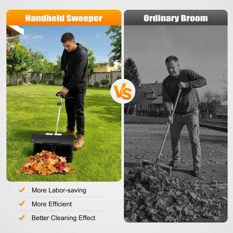 Zero Sweat Cleanup With This Gutsy 52cc Two Stroke Gas Powered Walk Behind Lawn Sweeper Boasting Tough Nylon Blades And Rugged Guard For Fast Park And Farm Yards. Handheld sweeper vs ordinary broom comparison with leaf piles.
