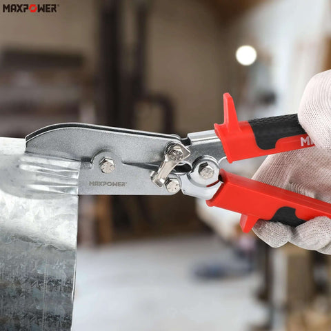 Close-up of 5-Blade Sheet Metal Crimper Hand Tool for ductwork and stove pipe, crimping 24 gauge steel sheet in workshop.