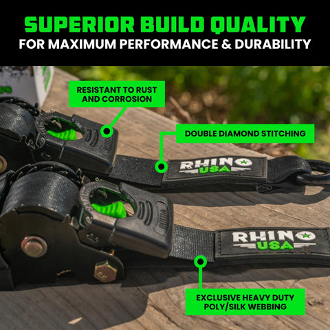 Beefy Heavy Duty Self Retracting Ratchet Straps with 3033 lb break strength featuring rust resistance and double diamond stitching.
