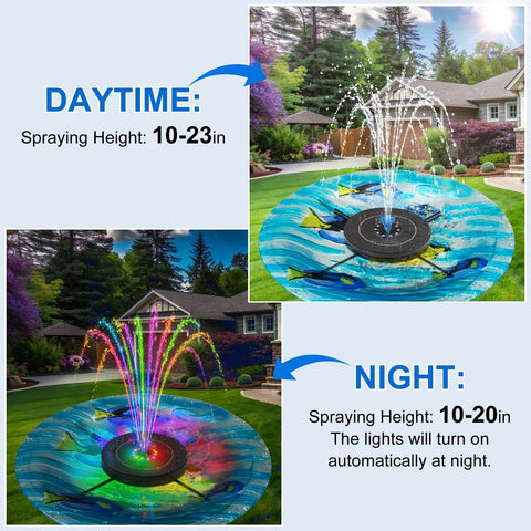 Solar Fountain Pump For Bird Bath With 3 Spray Height Adjustments Upgraded Glass Panels LED Lights 6 Nozzles All-In-One Fixed Rods Outdoor Water Fountain For Garden Pond Pool Easy Setup And Instant Use, showing daytime and night modes with LED lights.
