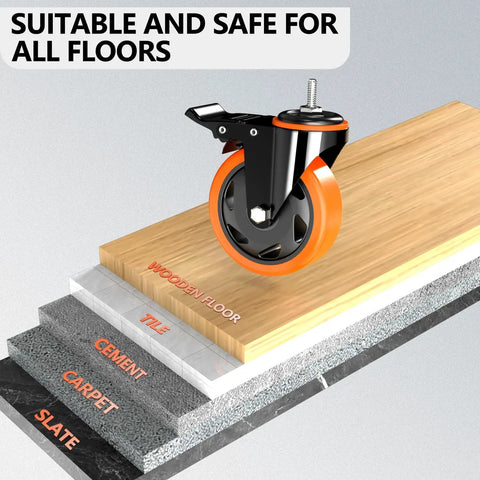 Heavy Duty 5 Inch Swivel Caster Wheels With Secure Locking Brake 3/8-16X1 Threaded Stem Set Of 4 on various floor types.