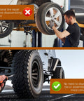 Comparison image showing traditional tire repair and 100 Piece Tire Plug Repair Kit No Tire Removal Needed Patch Tools in use.